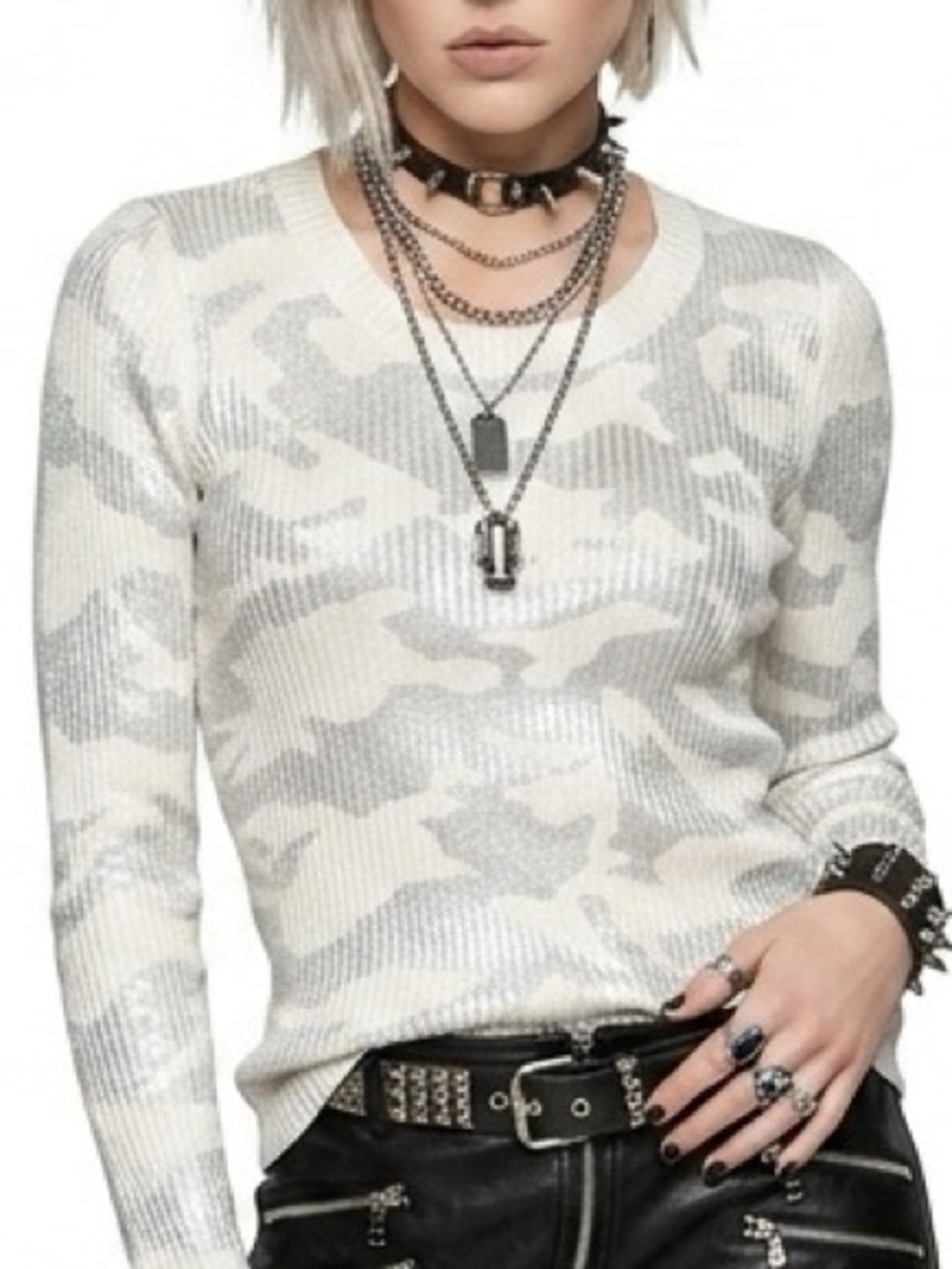 Saks Fifth Avenue Metallic Camo Ribbed Knit Sweater Off-White Silver Medium